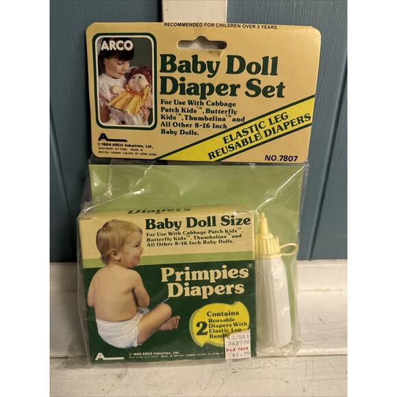 Vtg 1984 ARCO TOYS BABY DOLL DIAPERS SET FOR CABBAGE PATCH DOLLS NOS 7807 Bottle - Picture 1 of 5